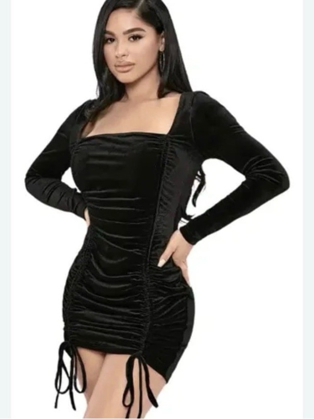 wild fable Black Velvet Long-Sleeve Ruched Mini Dress